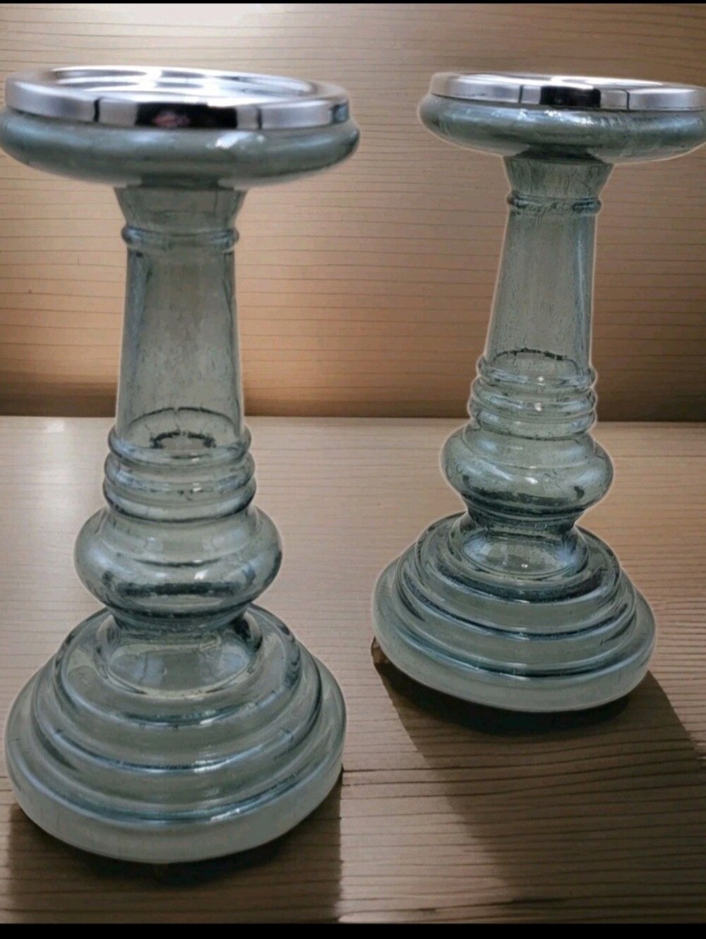 Green Seeded Crackle Glass Pillar Candle Holders Silver Trim Set of 2 8.5 Inch